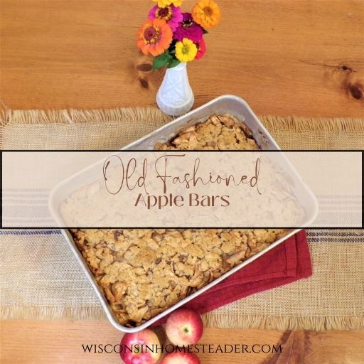 Old fashioned apple bars sit on a table with apples and a vase of flowers