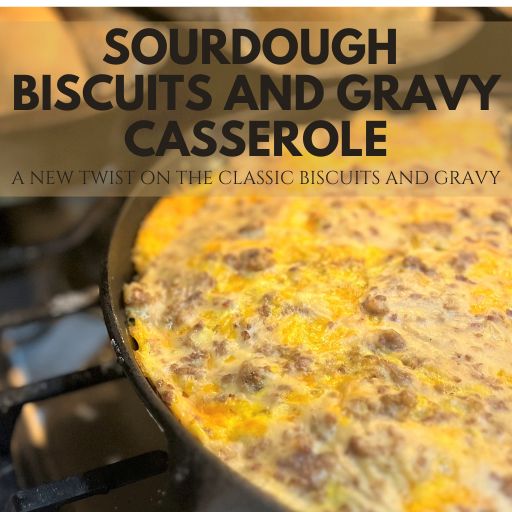 Biscuits and gravy casserole sit in a cast iron pan