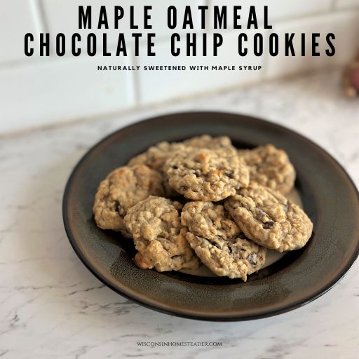 A plate of maple oatmeal chocolate chip cookies sits on a table